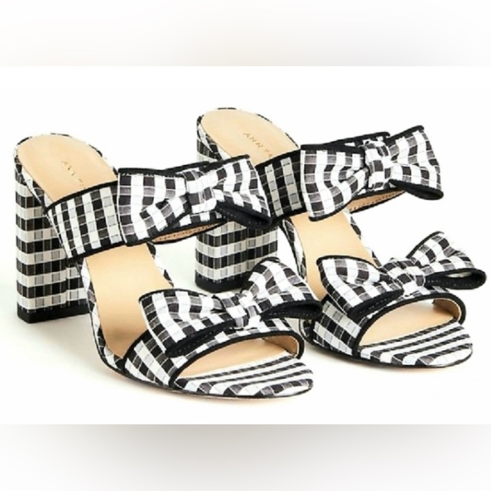 ANN TAYLOR Black & White JANIE Gingham Bow Slip On 3" Stack Heel Sandals Size 7 - Picture 3 of 8